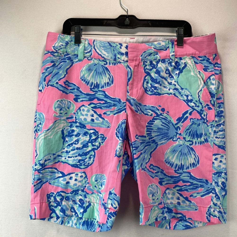 Lilly Pulitzer The Chipper Short Womens 12 Pink Blue Seashell Print Cotton Dobby
